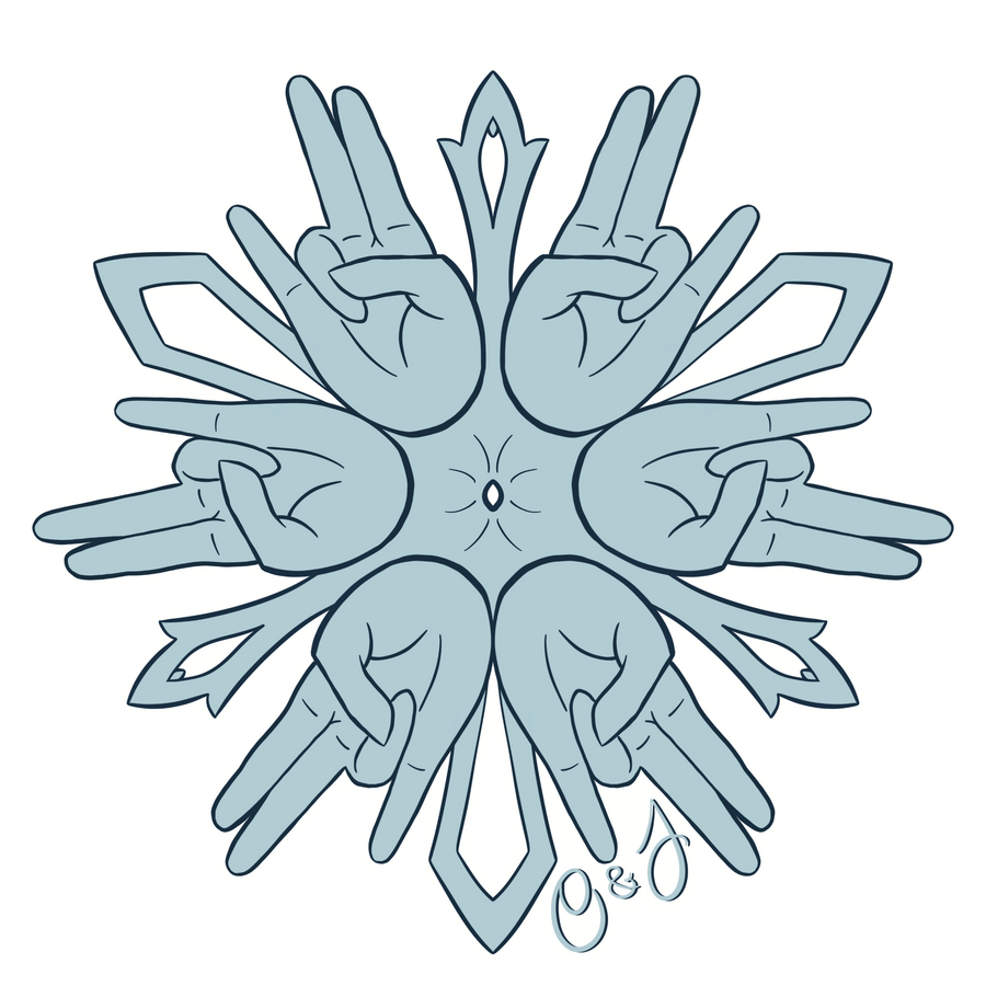 a pale blue snowflake made of hands making the "shocker" sign